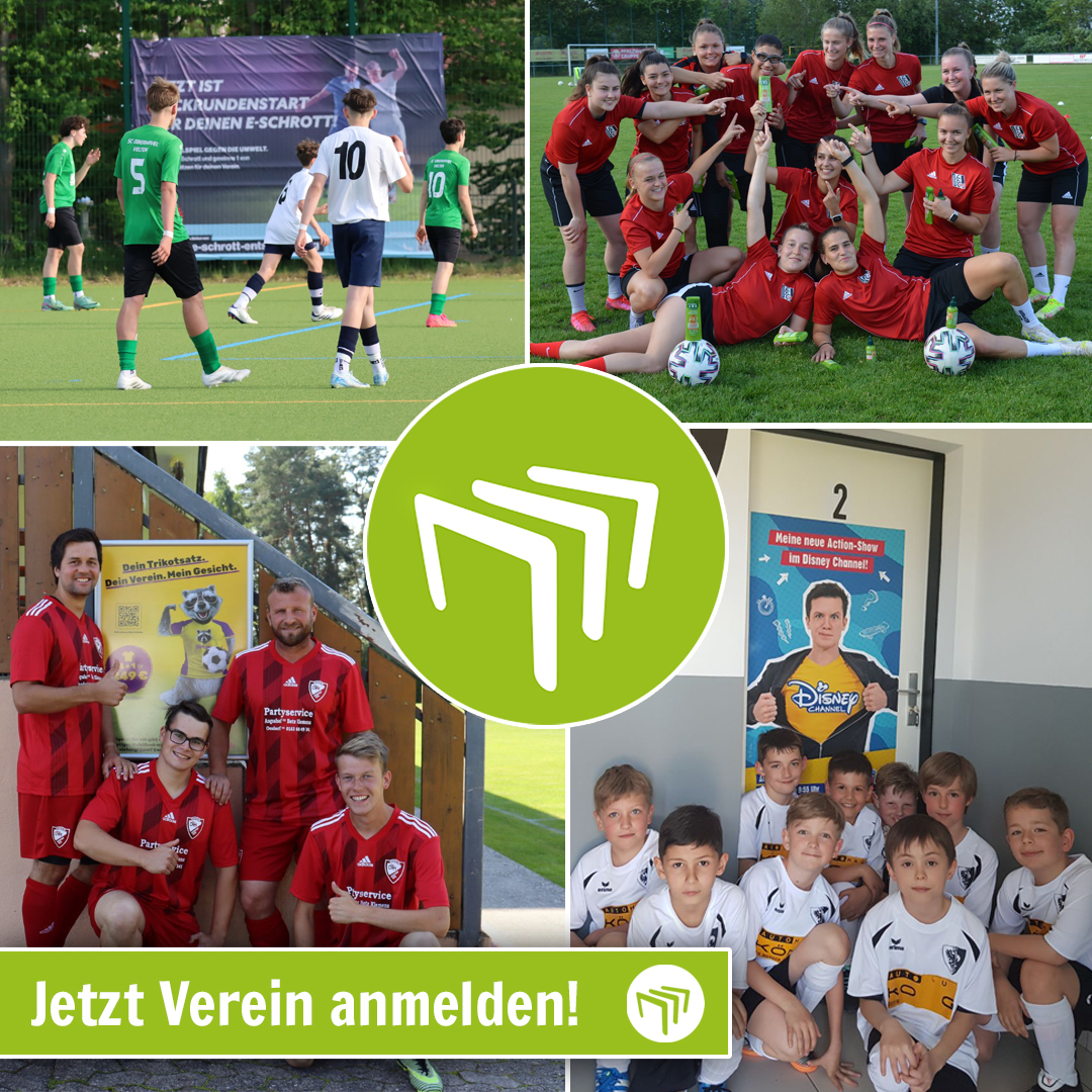 Vereinsanmeldung: Sportler und Sportlerinnen im Verein zeigen die Anschlusstor Werbemittel. Anmeldung